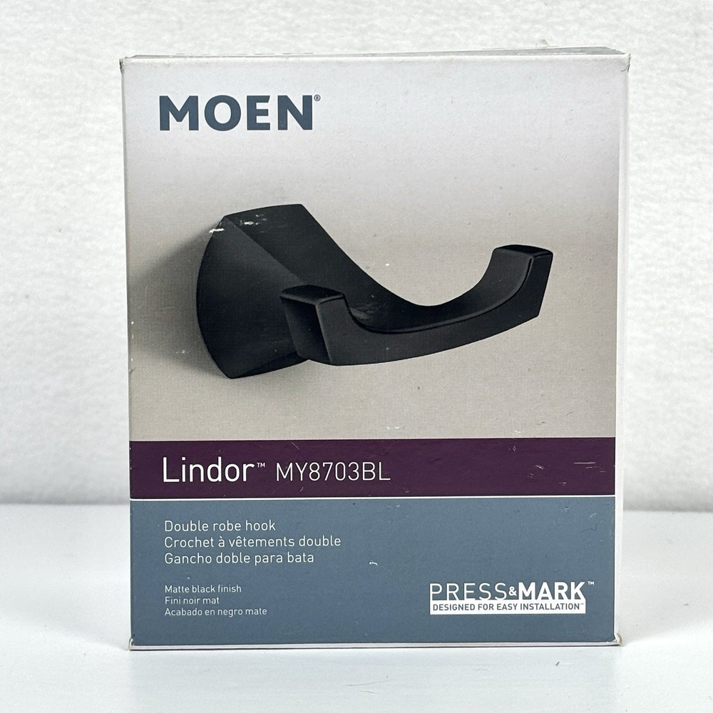 Moen Lindor MY8703BL Double Robe Hook Matte Black Press & Mark New Open Box